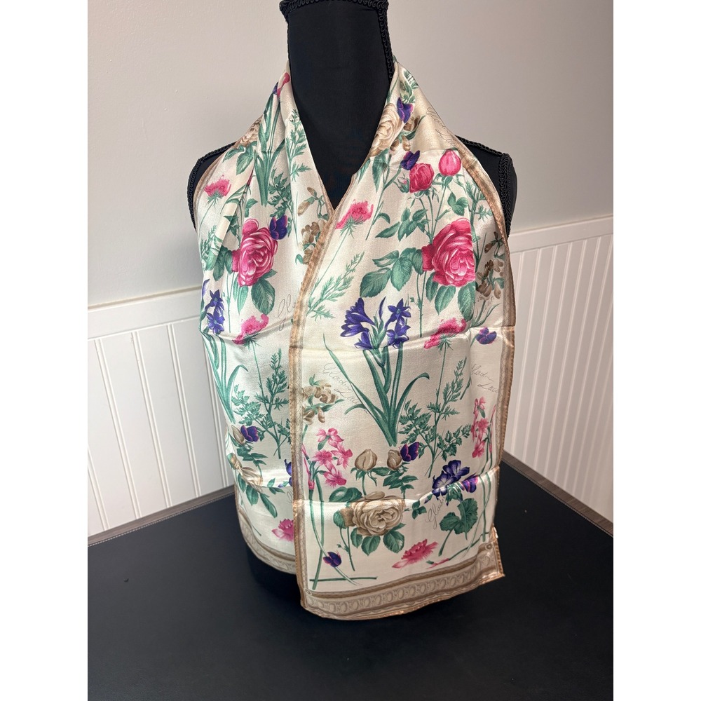 Liz Claiborne 100% Silk Scarf Floral Botanical Print Cream Pink Purple 52x10